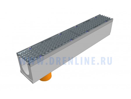 Лоток водоотводный бетонный DRENLINE Super DN100 h165 с решеткой чугунной ВЧ (комплект) кл. Е600 с вертикальным водосливом